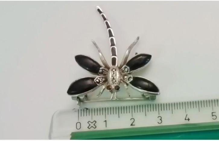 Zilveren Libelle Broche met Zwarte Accenten, Sieraden, Tassen en Uiterlijk, Broches, Zo goed als nieuw, Zilver, Zilver, Minder dan 4 cm