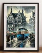 Blauwe Tram in Regen Kunst Poster affiche, Verzamelen, Spoorwegen en Tramwegen, Verzenden, Nieuw, Tram, Kaart of Prent