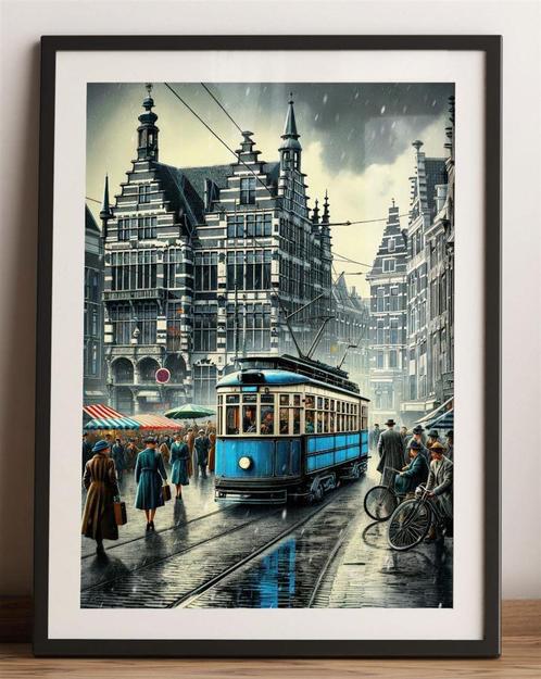 Blauwe Tram in Regen Kunst Poster affiche, Verzamelen, Spoorwegen en Tramwegen, Nieuw, Tram, Kaart of Prent, Verzenden