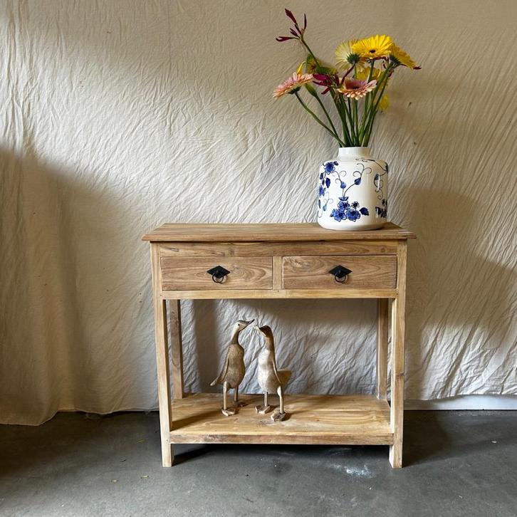Sidetable - 80 x 30 cm - 2 lades - massief teak - TTM Wonen, Huis en Inrichting, Tafels | Sidetables, Nieuw, 25 tot 50 cm, 50 tot 100 cm