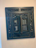 Decoratieve houten spiegel met luiken uit Bali, Gebruikt, Vierkant, Ophalen of Verzenden, 75 tot 100 cm