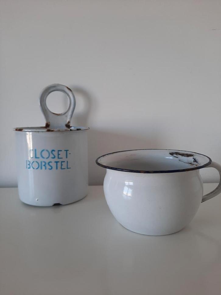 Antiek Emaille Set: Closetborstel & Po, Antiek en Kunst, Antiek | Emaille, Ophalen of Verzenden