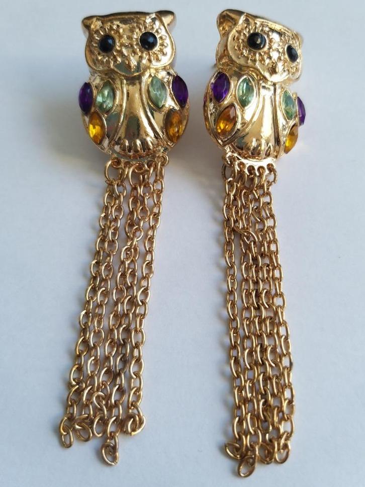 Goudkleurige strass uiltjes steker oorbellen, Sieraden, Tassen en Uiterlijk, Oorbellen, Zo goed als nieuw, Knopjes of Stekers