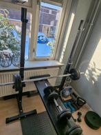 Squatrek, bench press, halterstang en dumbells, Ophalen, Zo goed als nieuw, Benen, Fitnessbank