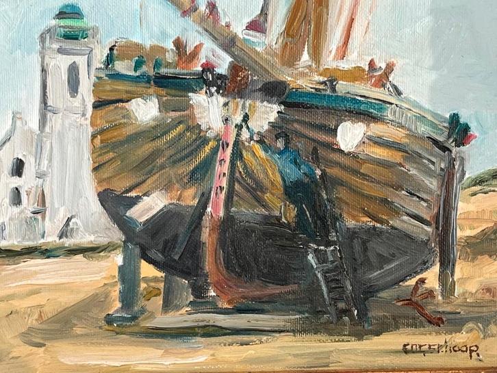 Cor Schaap, bomschuit op een Katwijks strand, Antiek en Kunst, Kunst | Schilderijen | Klassiek, Ophalen