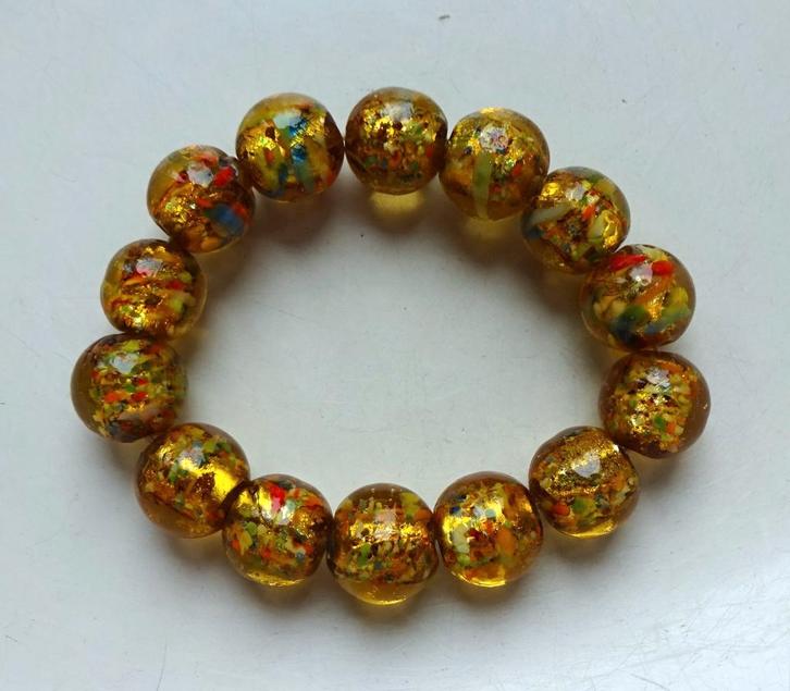 Murano glazen kralen rekarmband: geel, spatters + folie, Sieraden, Tassen en Uiterlijk, Armbanden, Zo goed als nieuw, Elastiek