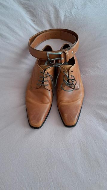 Van Lier cognac bruin leren herenschoenen + bijpassende riem beschikbaar voor biedingen