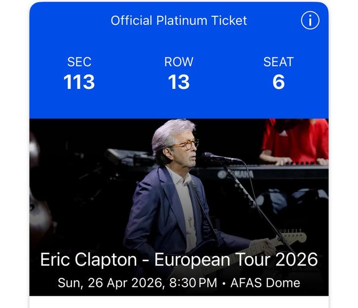 Eric Clapton platinum tickets afas dome antwerpen, Tickets en Kaartjes, Concerten | Pop, Eén persoon, Oktober