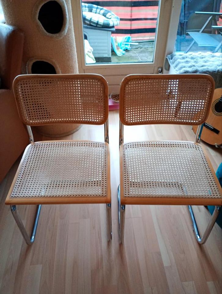 2 Buisframe Stoelen met Rotan Zitting €70 per stuk, Huis en Inrichting, Stoelen, Twee, Bruin, Ophalen