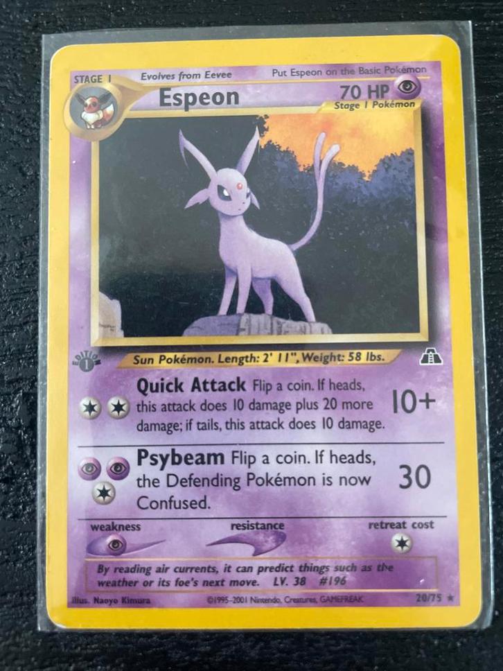 Espeon First Edition Pokémon Kaart 20/75, Hobby en Vrije tijd, Verzamelkaartspellen | Pokémon, Gebruikt, Losse kaart, Foil, Ophalen of Verzenden