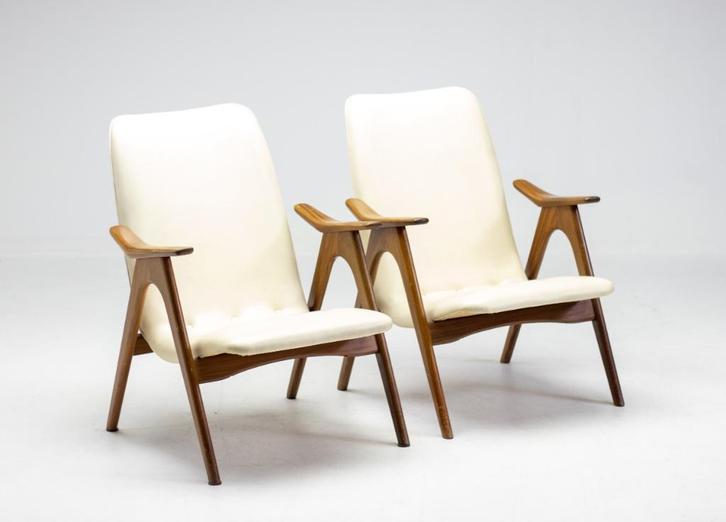 Louis van Teeffelen, walnoothouten frame off-white Naugahyde, Huis en Inrichting, Fauteuils, Gebruikt, Hout, 50 tot 75 cm, 75 tot 100 cm