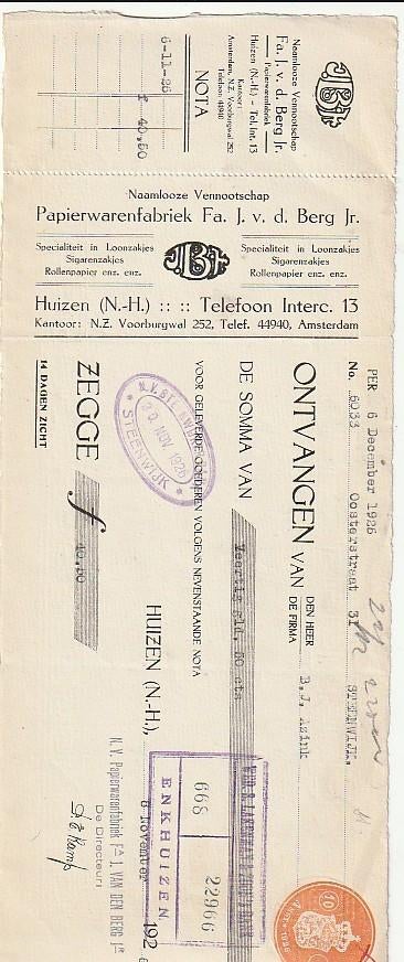 Huizen  (NH)  papierwarenfabriek J. v.d. Berg wissel 1926, Verzamelen, Ophalen of Verzenden, Zo goed als nieuw, Overige typen
