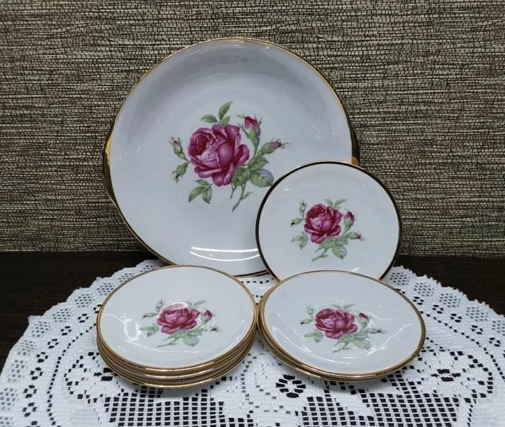 Porseleinen 7 delige gebakset met rozen, Antiek en Kunst, Antiek | Servies compleet, Ophalen of Verzenden