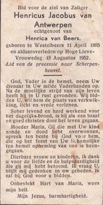 Antwerpen Henricus 1885 Westelbeers 1952, Verzamelen, Ophalen of Verzenden, Bidprentje