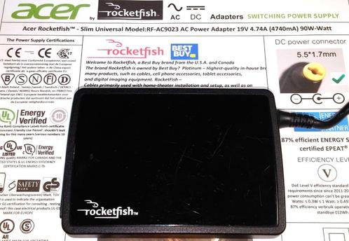 Acer Rocketfish Slim RF-AC9023 19V 4.74A 90W Adapter 1.7x5.5, Computers en Software, Laptop-opladers, Zo goed als nieuw, Ophalen of Verzenden