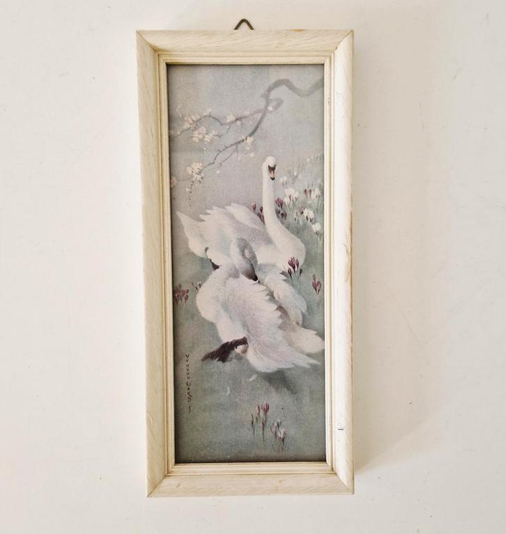 vintage schikderijtje zwanen lijstje jaren 50 prentje, Antiek en Kunst, Curiosa en Brocante, Ophalen of Verzenden