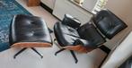 Eames-stijl lounge stoel met hocker XL - Zwart leer Walnoot, Ophalen, Minder dan 75 cm, Zo goed als nieuw, Leer