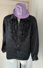 Zwarte satijnen blouse + hoed maat M foute party Feest, Ophalen of Verzenden, Zo goed als nieuw, Maat 48/50 (M), Carnaval