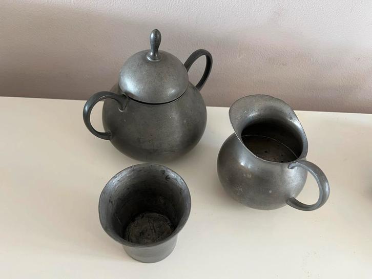 Antiek Tinnen Suikerpot, Melkkannetje & Lepelbeker, Antiek en Kunst, Antiek | Tin, Ophalen of Verzenden