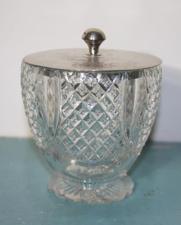 geslepen kristallen pot met zilveren deksel met monogram, Antiek en Kunst, Antiek | Glas en Kristal, Ophalen