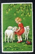 De lammetjes snoepen vers groen uit haar jurk, Verzamelen, Ansichtkaarten | Dieren, Overige soorten, Ongelopen, Voor 1920, Verzenden