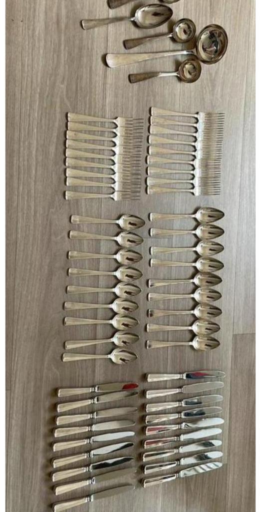 Verzilverd 9 persoonsbestek Haags lofje, Huis en Inrichting, Keuken | Bestek, Zo goed als nieuw, Zilver, Ophalen of Verzenden