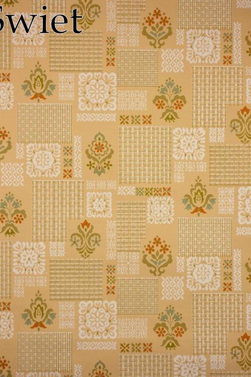 5028 Patchwork behang zalm groen wit terra jaren 70 swiet, Huis en Inrichting, Stoffering | Behang, Wit, Groen, minder dan 10 m²