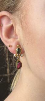 Toermalijn amethist parel 18k gouden oorbellen dame luxe, Hangers, Voordeelsieraden, Verzenden, Zo goed als nieuw