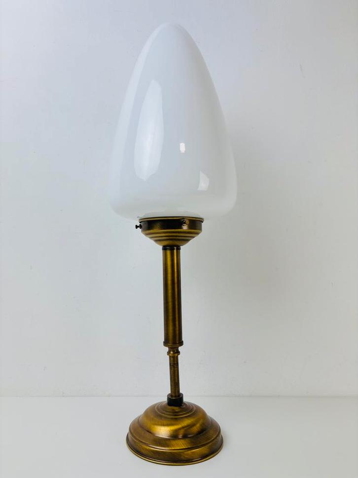 Art-deco messing hanglamp met opaline druppelkap, Huis en Inrichting, Lampen | Hanglampen, Zo goed als nieuw, Minder dan 50 cm