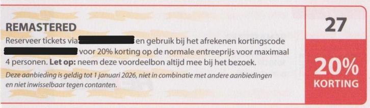 REMASTERED. Roterdam. 20% korting. Postcodeloterij bon nr 27, Tickets en Kaartjes, Musea, Drie personen of meer, Kortingskaart