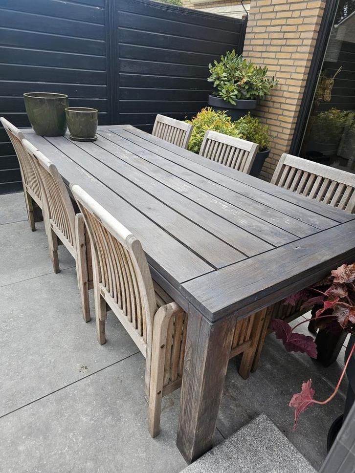Teakhouten tuinset met 6 stoelen, Huis en Inrichting, Tafels | Eettafels, Gebruikt, 100 tot 150 cm, 150 tot 200 cm, Vijf personen of meer