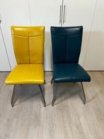 6 eetkamerstoelen (geel en petrol), Vijf, Zes of meer stoelen, Modern, Gebruikt, Leer