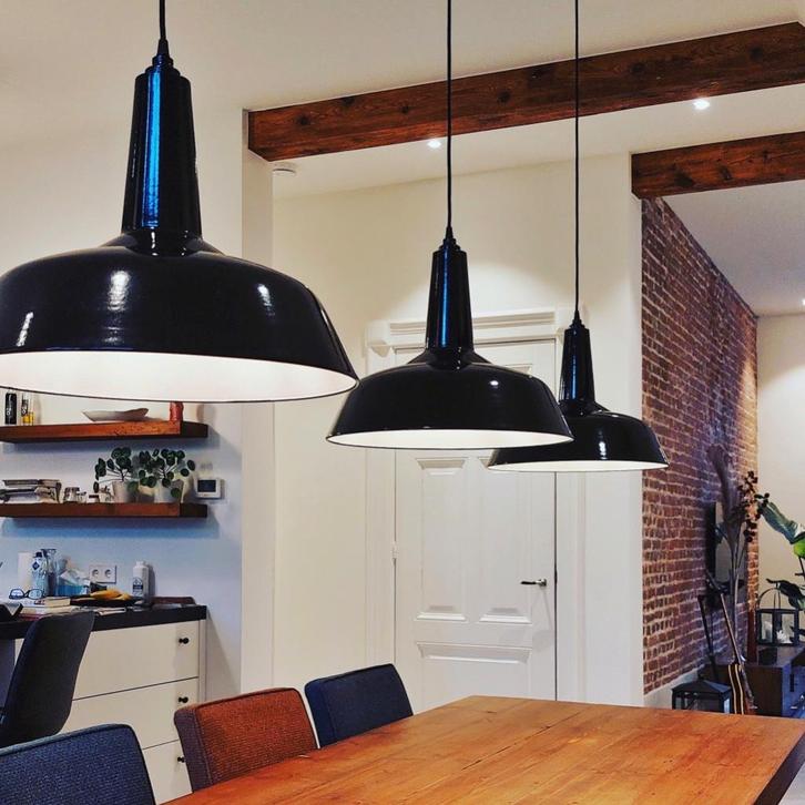 Zwarte geëmailleerde hanglamp - nieuwe emaille designlamp, Huis en Inrichting, Lampen | Hanglampen, Nieuw, Minder dan 50 cm, Glas