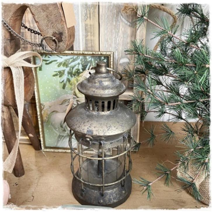 Brocant old look lantaarn, ledlicht, oud zink, ophangring, Diversen, Kerst, Nieuw, Ophalen of Verzenden