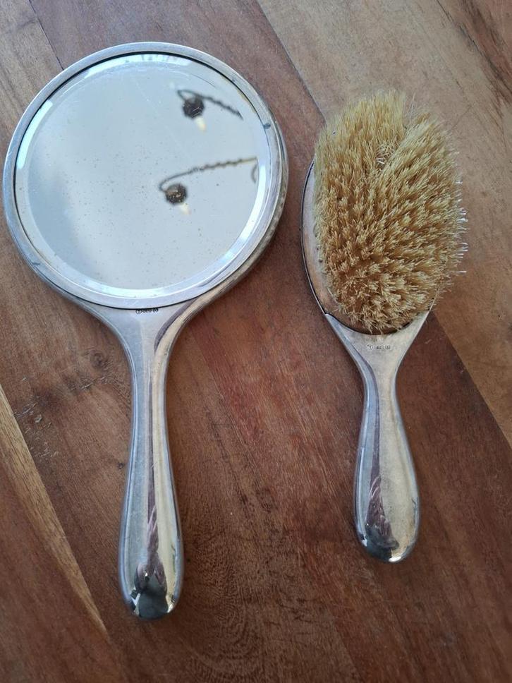 Verzilverde Handspiegel & Borstel Set, Antiek en Kunst, Antiek | Spiegels, Minder dan 50 cm, Minder dan 100 cm, Rond, Ophalen