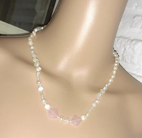 Ketting zoetwaterparel en rozenkwarts, Sieraden, Tassen en Uiterlijk, Kettingen, Nieuw, Steen of Mineraal, Roze, Met edelsteen
