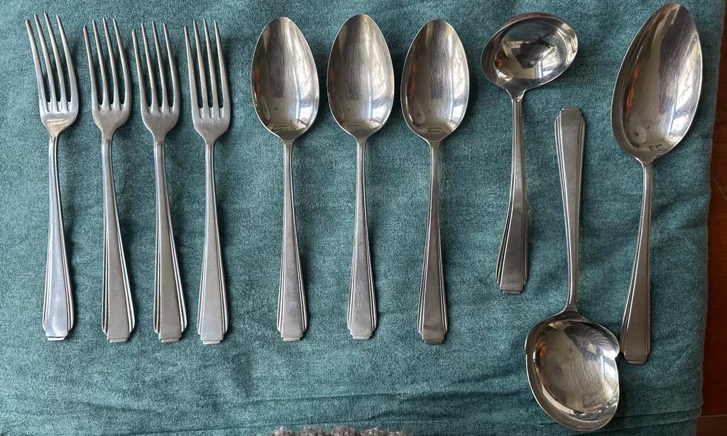 Vintage diner lepels vorken opscheplepels SOLA 840 trapje, Ophalen, Gebruikt, Rvs of Chroom, Los bestek