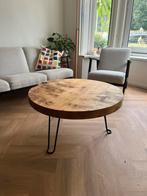 Ronde houten salontafel met metalen poten, 50 tot 100 cm, Rond, Teakhout, Zo goed als nieuw