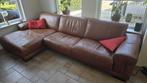 Bruin leren bank met chaise lonque, Ophalen, Gebruikt, Leer, Driepersoons