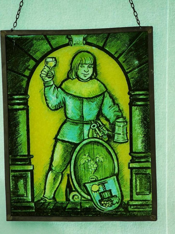 vintage Glas in lood schildering wijn/bier liefhebber, Antiek en Kunst, Antiek | Glas en Kristal, Ophalen of Verzenden