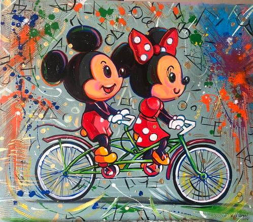 Alex L- Mickey Mouse & Minnie Mouse— Handgeschilderd (100%), Antiek en Kunst, Kunst | Schilderijen | Modern, Ophalen of Verzenden