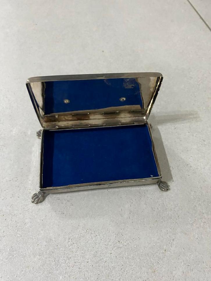 Zilveren sieradendoosje met blauw fluweel, Antiek en Kunst, Antiek | Goud en Zilver, Zilver, Ophalen of Verzenden