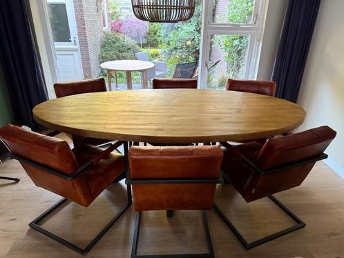 Eettafel hout ovaal met stalen poot 220 x 110, Huis en Inrichting, Tafels | Eettafels, Zo goed als nieuw, 100 tot 150 cm, 200 cm of meer