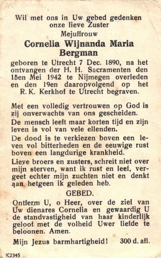 Bergman Cornelia Wijnanda Maria 1890 Utrecht-1942 Nijmegen, Ophalen of Verzenden