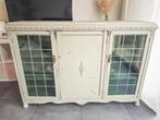 Brocante / landelijke dressoir saliegroen met glas-in-lood, Huis en Inrichting, Ophalen, Zo goed als nieuw, 25 tot 50 cm, Glas