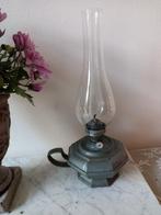 Tinnen olielamp met glazen flute/nieuw rolletje lont, Antiek en Kunst, Ophalen of Verzenden