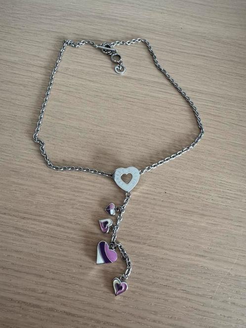 Steel necklace with heart pendants white pink purple, Sieraden, Tassen en Uiterlijk, Enkelbandjes en Enkelkettinkjes, Zo goed als nieuw