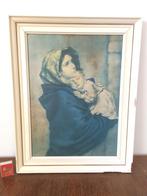 Vrouw met baby tegen haar borst met Maria blauwe mantel, Minder dan 50 cm, Ophalen of Verzenden, Zo goed als nieuw, Schilderij