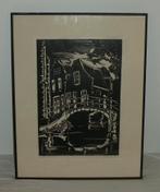 Hout gravure   Delft grachtje ,, Antiek en Kunst, Kunst | Etsen en Gravures, Ophalen of Verzenden