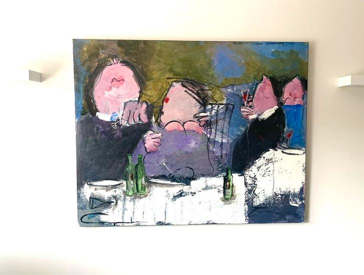 Originele Gerdine Duijsens, groot kleurrijk doek – Aan tafel, Antiek en Kunst, Kunst | Schilderijen | Abstract, Ophalen